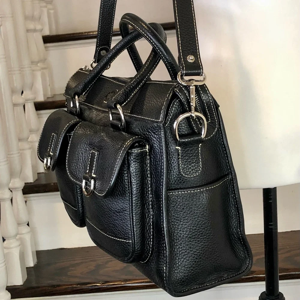 MDOONEY BOURKE Black Tumbled Leather Laptop Briefcase Work Bag w/ Shoulder Strap